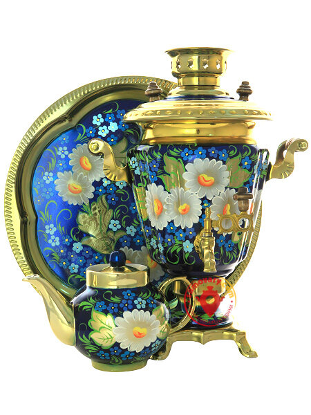 Электрический самовар в наборе 3 литра с росписью "Ромашки на синем фоне" арт. 159686